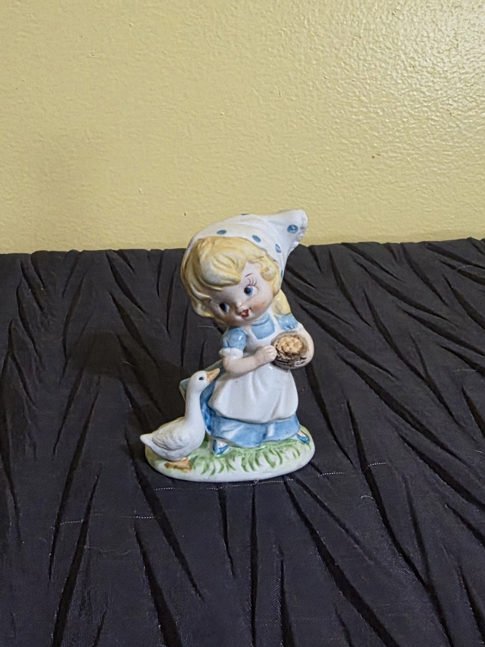 Homco Ceramic Girl with Goose Figurine in Blue and White